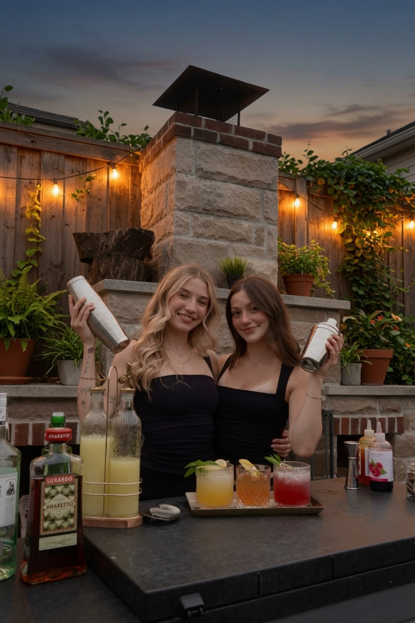 The TwoNics.Co bartenders behind their backyard bar at dusk